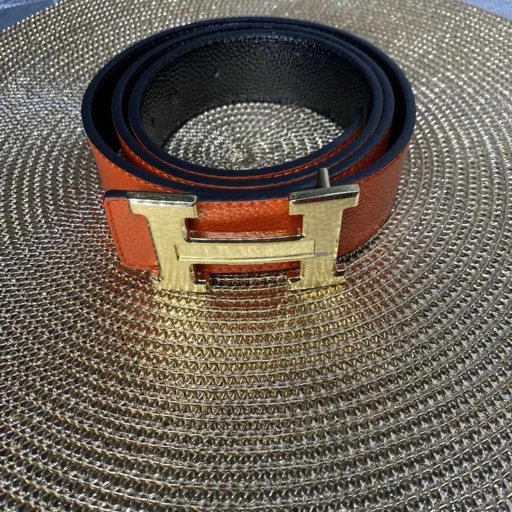 Designer Style H Buckle Reversible Brown Black Belt Gold Tone